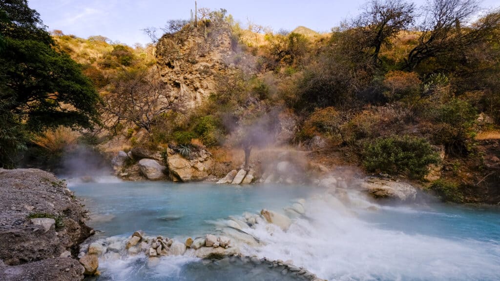 Landscape of the popular thermal hot springs at Grutas de Tolantongo, Mexico
