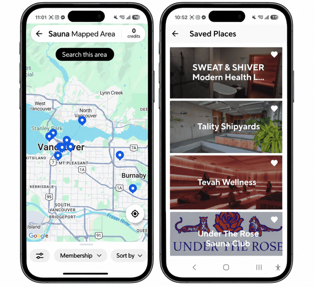 Sauna App Map and Saved Places